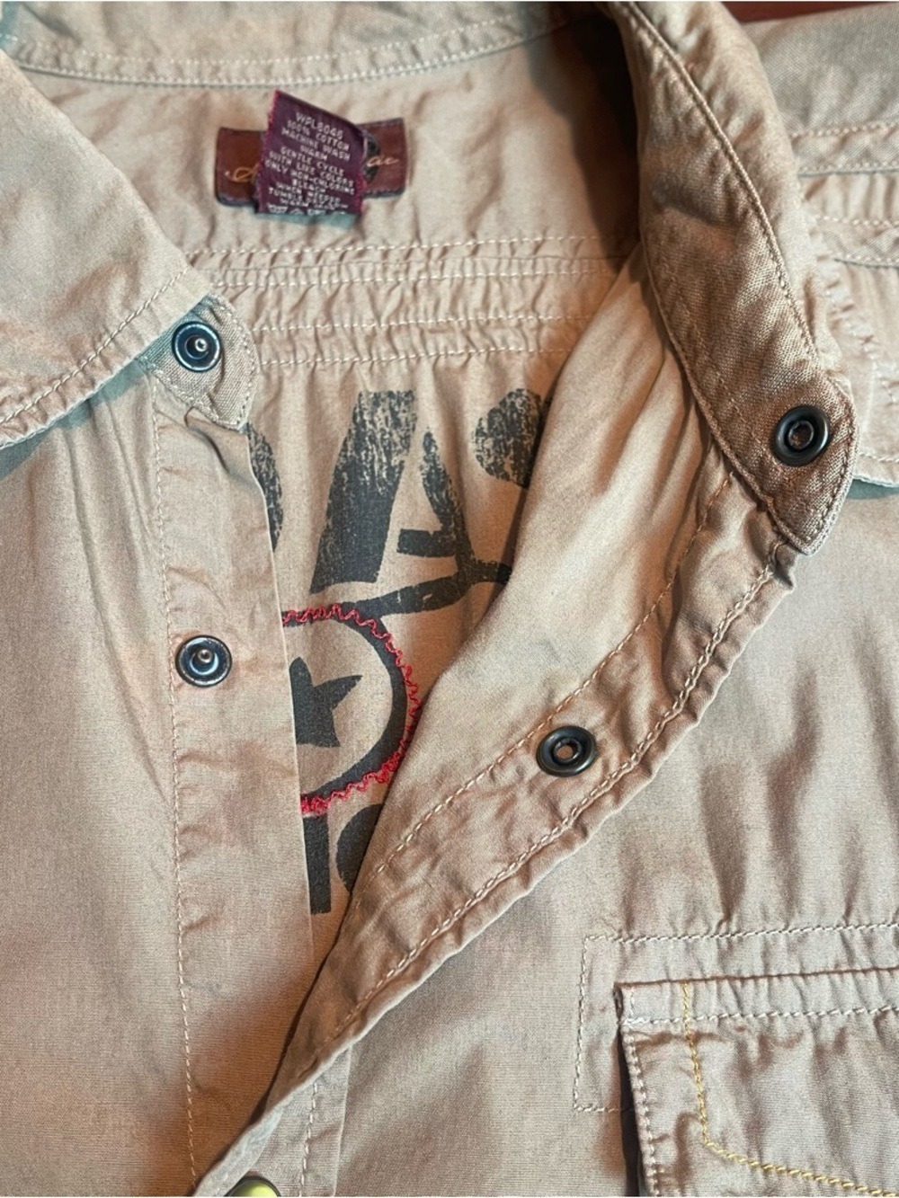 American Rag Cie Vintage Moto Shirt XL Khaki Apache Motorcycle Club Patch 1978 - Picture 10 of 13